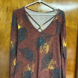V-Neck Long Sleeve Top with Leaf Print